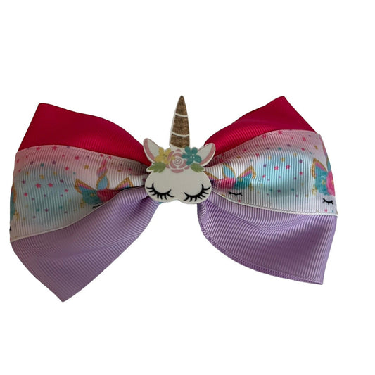 Girls Hair Bow 5.5" Wide Unicorn Flatback  Grosgrain Ribbon Alligator Clip