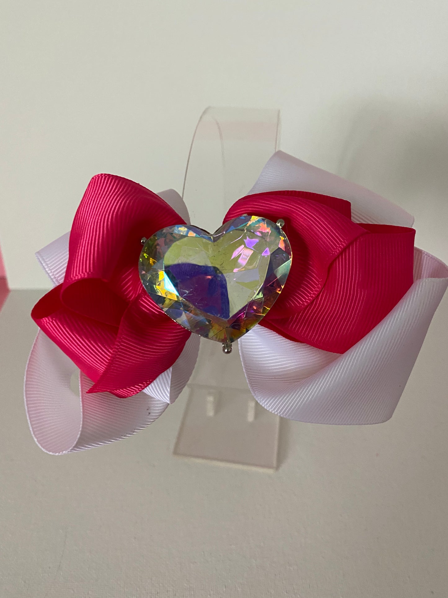 Women Girl Pink White Handmade Gemstone clip Bow