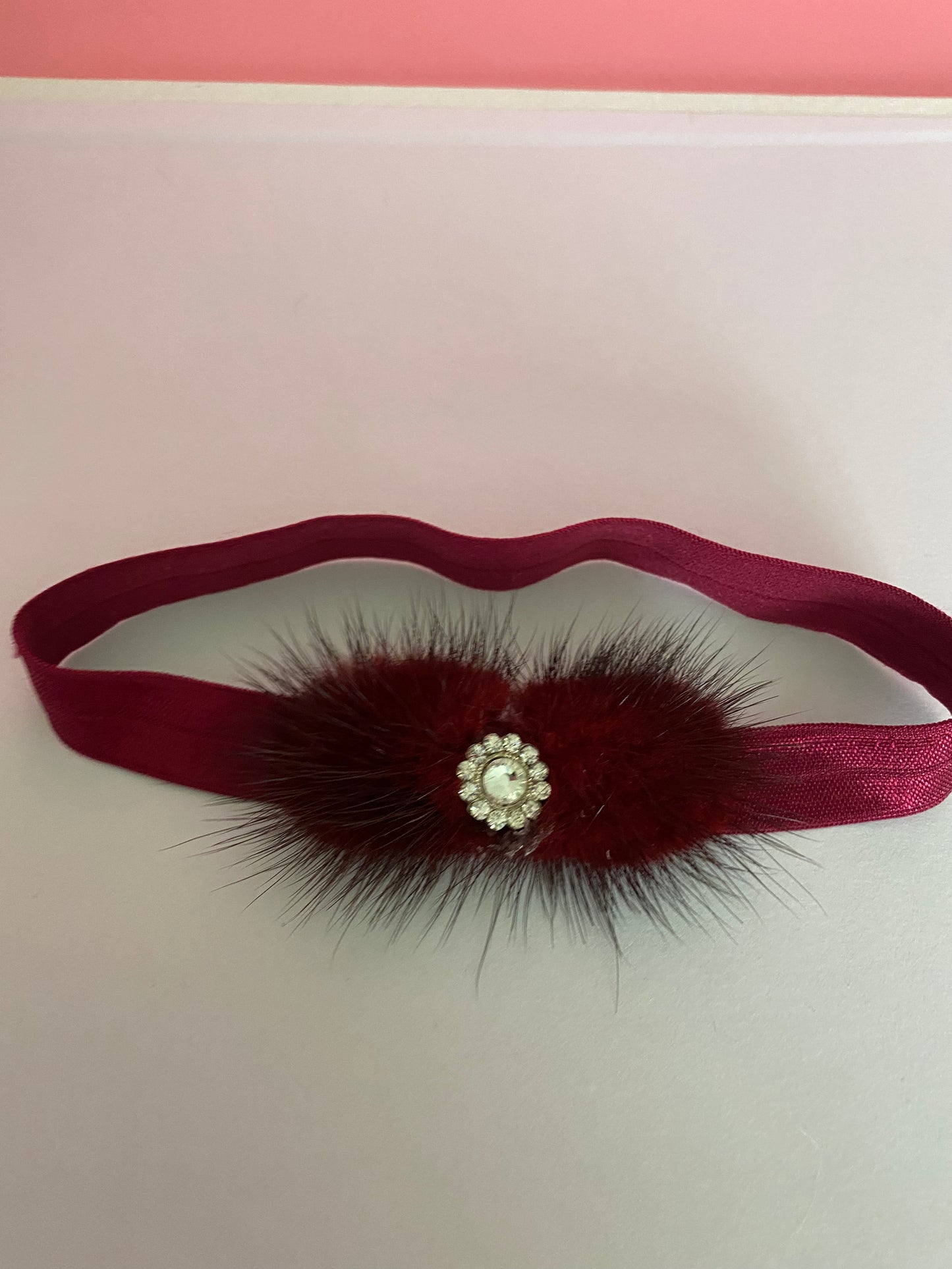 Baby Toddler Girl Red mink fur Crytal Bow Headband